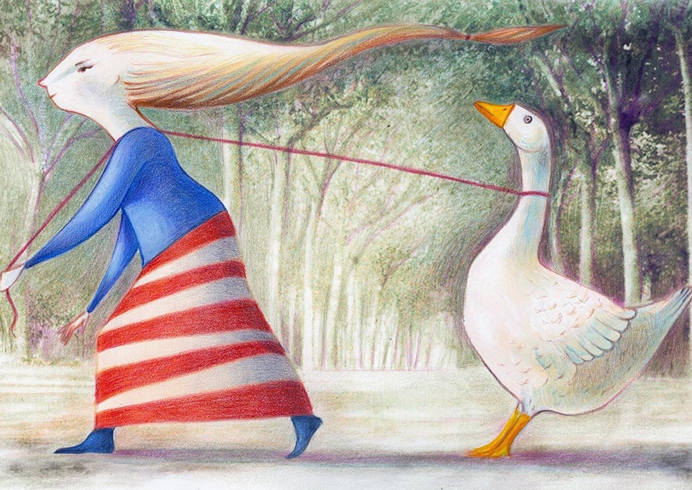 Funny illustration depicting a little girl dragging a stubborn goose, she is a trainer of geese