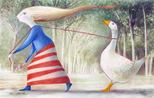 Funny illustration depicting a little girl dragging a stubborn goose, she is a trainer of geese