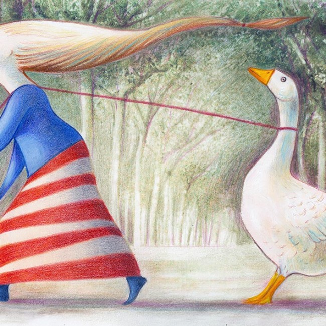 Funny illustration depicting a little girl dragging a stubborn goose, she is a trainer of geese