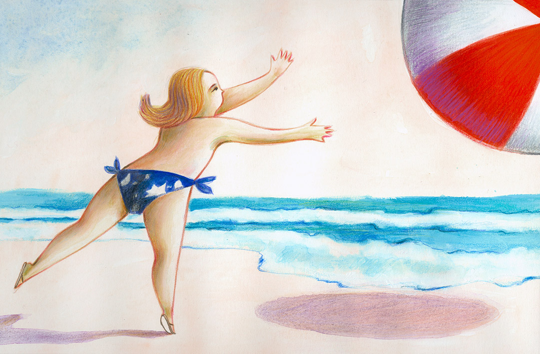 Illustration of a little girl that is playing with a large beach ball near the sea. The ball runs away from her hands.