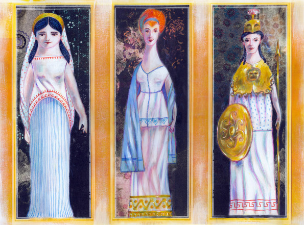 Hera, Athena and Aphrodite waiting for the judgement of Paris. Award winning illustration from the centennial edition of the book "Storie delle storia del mondo", written by Laura Orvieto and published by Giunti
