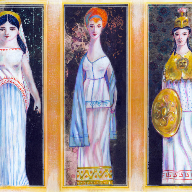 Hera, Athena and Aphrodite waiting for the judgement of Paris. Award winning illustration from the centennial edition of the book 