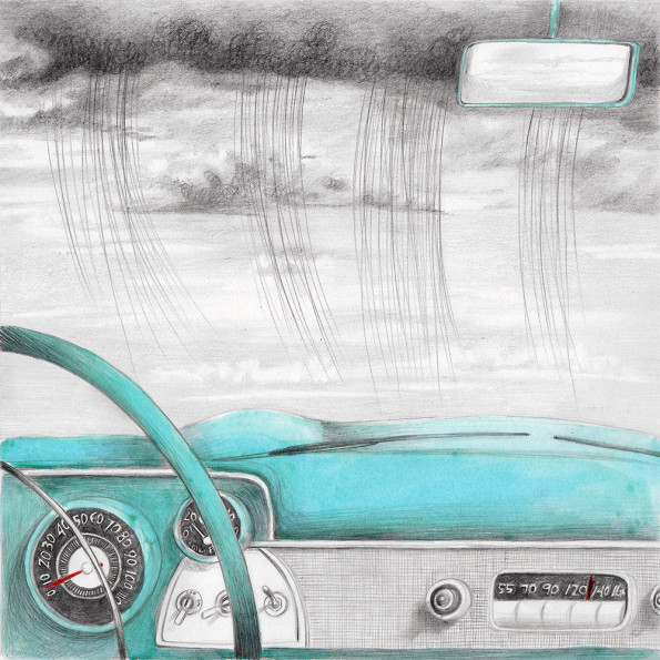 Illustration of a car dashboard and a rainy sky, from a book project about a girl, Amelia, clouds, wanderlust and flight.