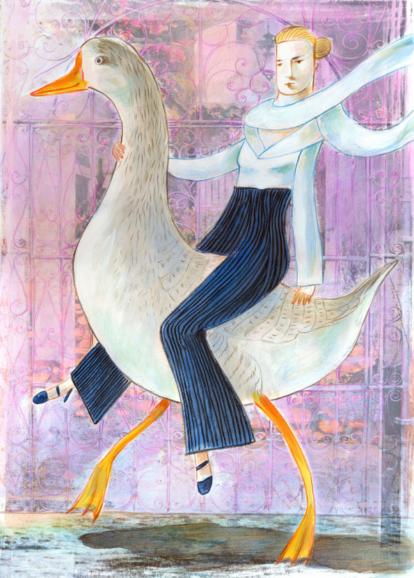 Illustration of a sleek woman riding a goose, an eco friendly vehicle