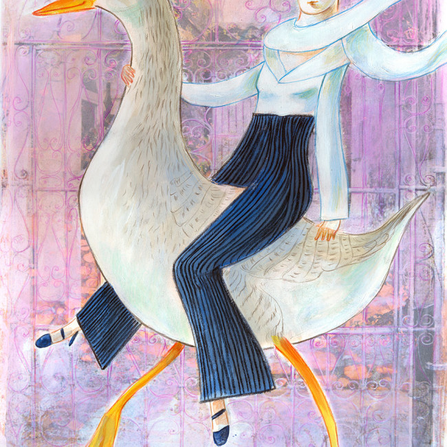 Illustration of a sleek woman riding a goose, an eco friendly vehicle