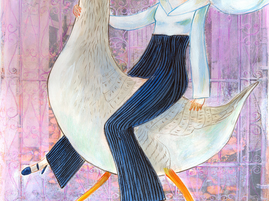 Illustration of a sleek woman riding a goose, an eco friendly vehicle