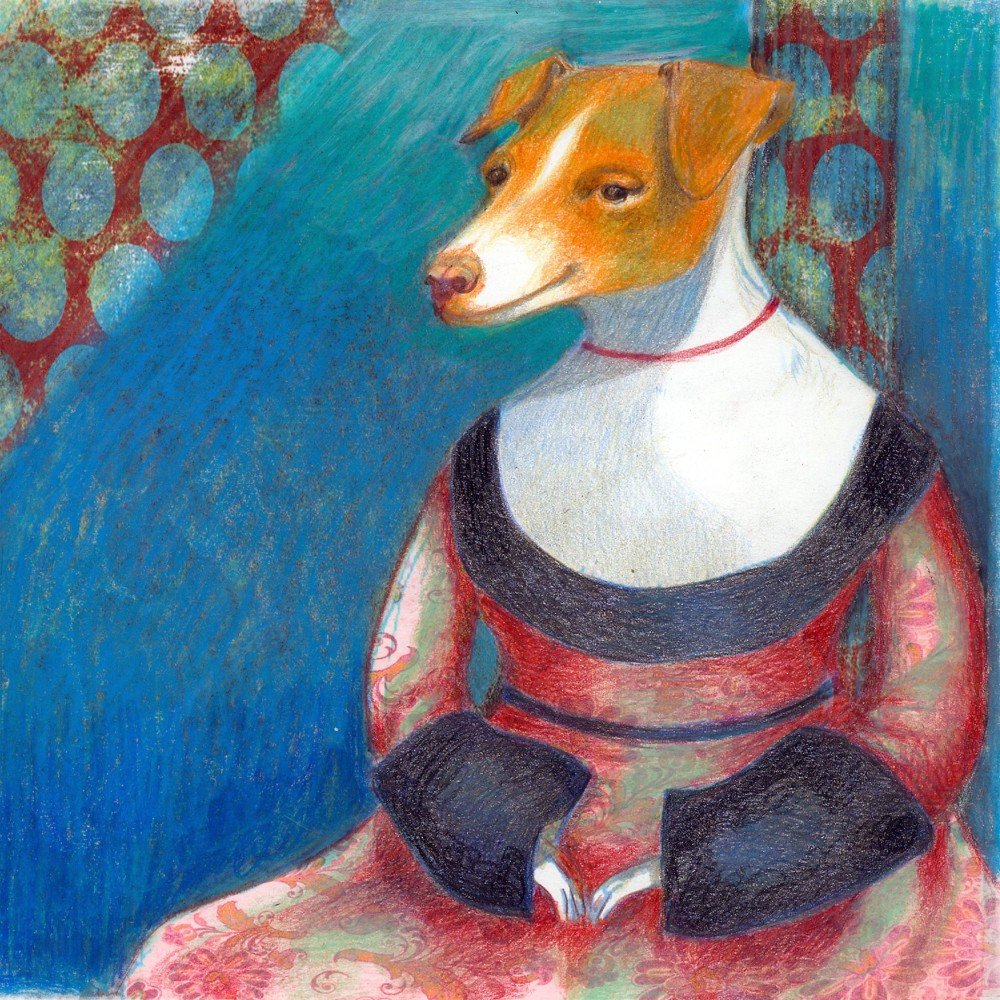 Portrait of a dog named Morran depicted like a classic lady. Illustration for the Morran book project edited by artist Camilla Engman