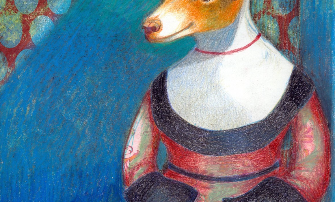 Portrait of a dog named Morran depicted like a classic lady. Illustration for the Morran book project edited by artist Camilla Engman