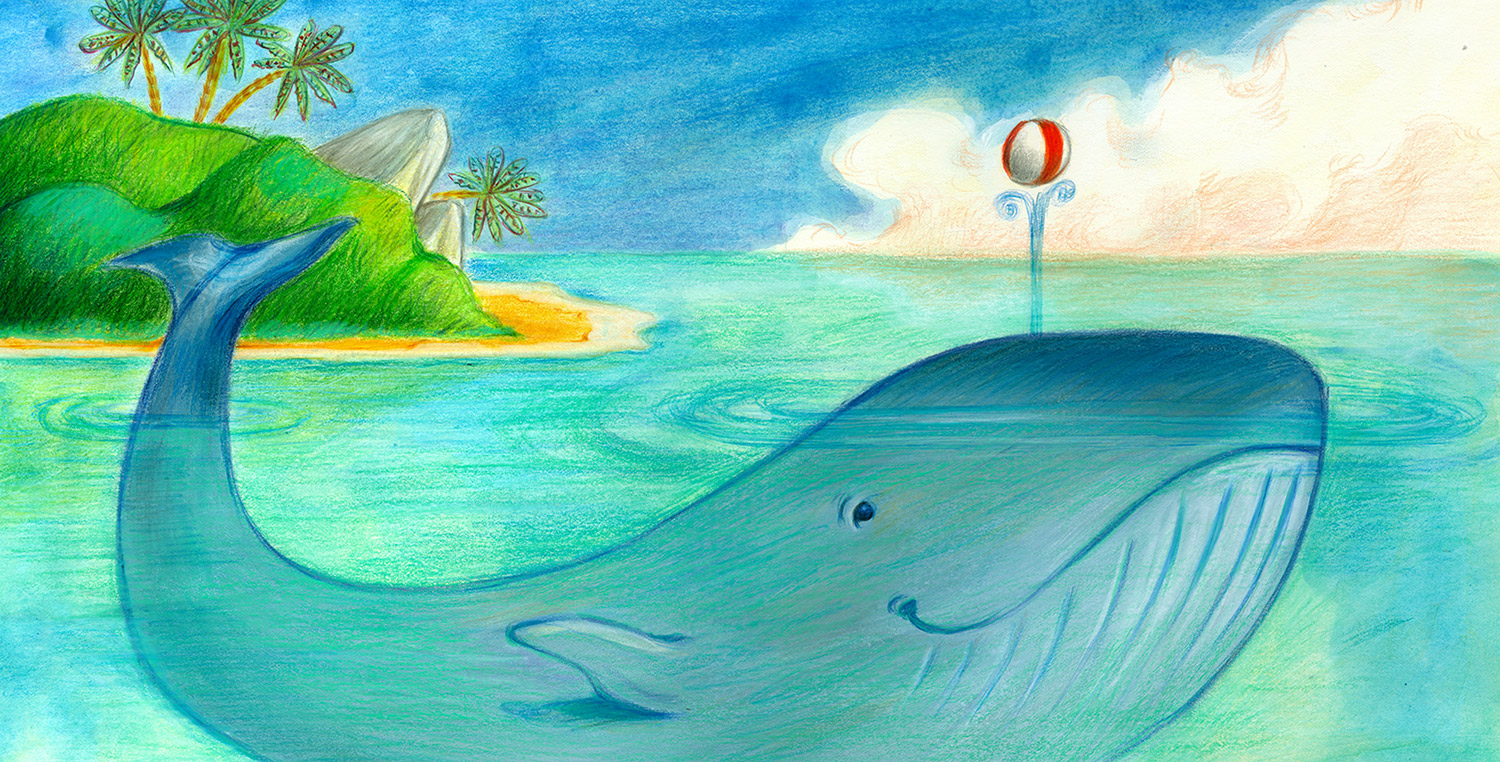 Illustration of a whale playing with a beach ball near a tropical island