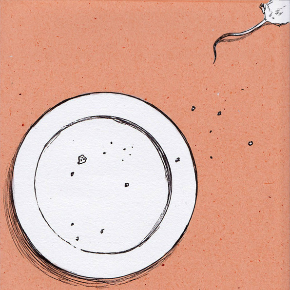 Illustration: a dish, some crumbs, a small tail in the corner. Maybe a thief is running away with the donuts