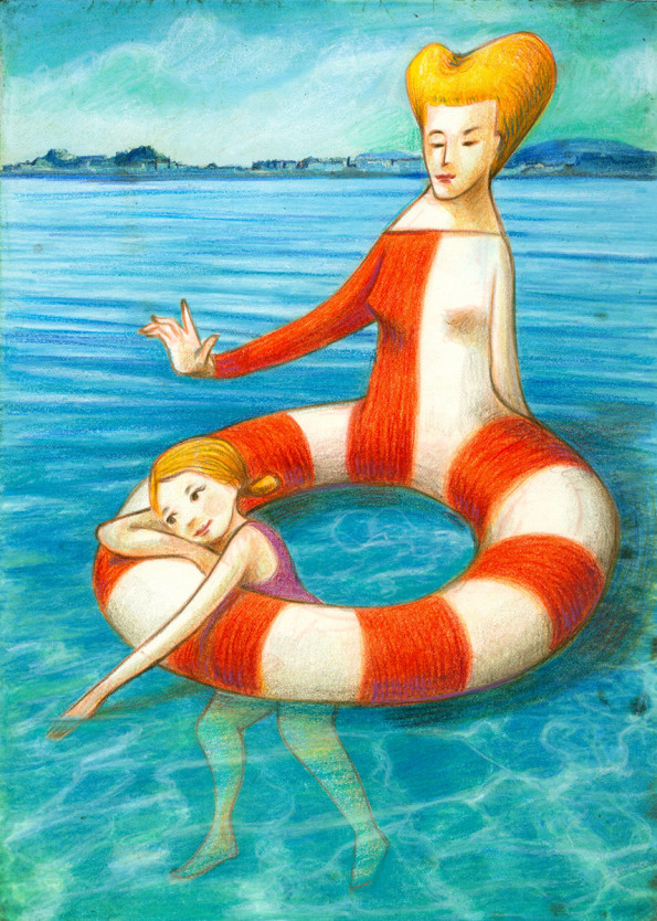 Illustration of a mother which is lifebelt shaped. She protects and have care of her daughter floating in the water.