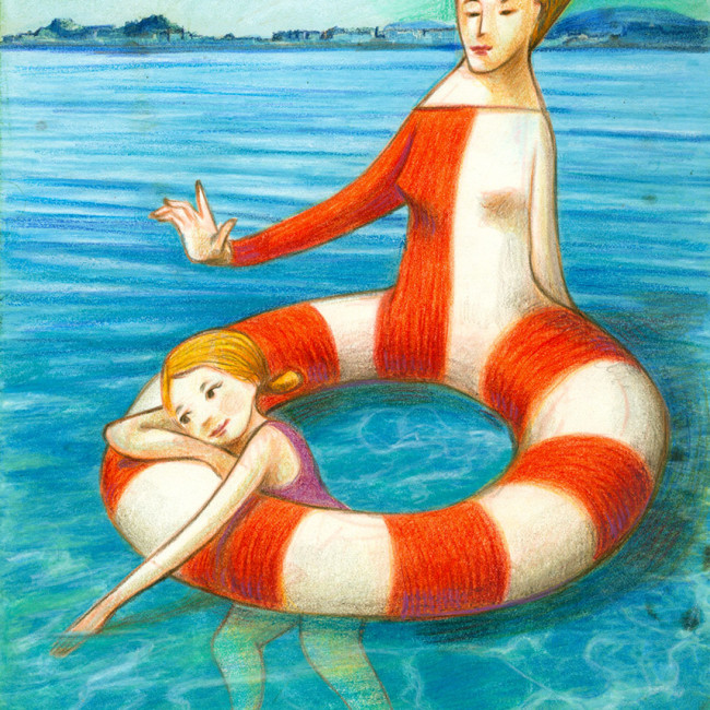 Illustration of a mother which is lifebelt shaped. She protects and have care of her daughter floating in the water.