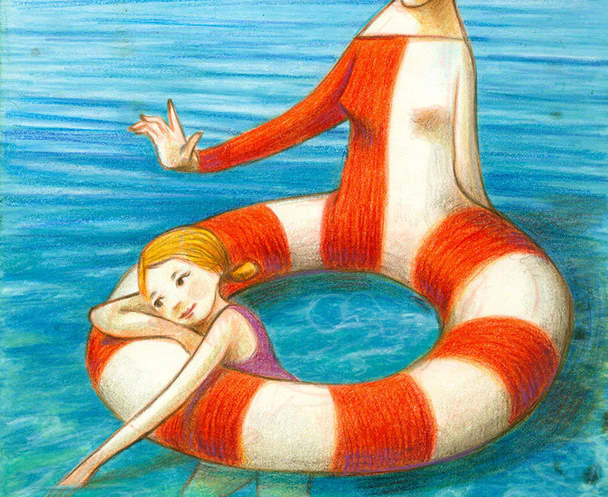 Illustration of a mother which is lifebelt shaped. She protects and have care of her daughter floating in the water.