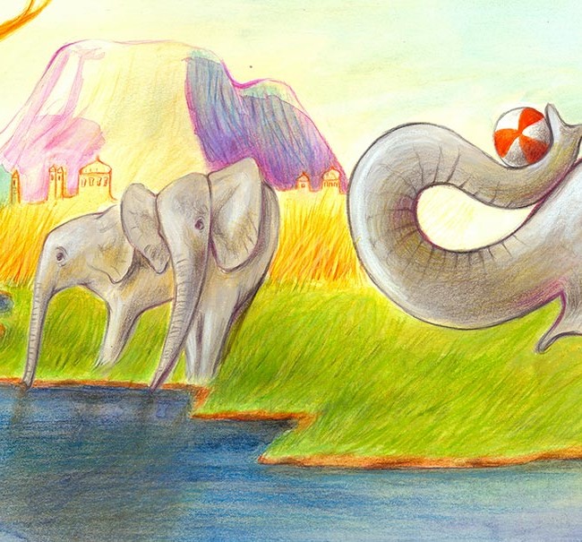 Illustration of elephants playing with a beach ball on the banks of an Indian river