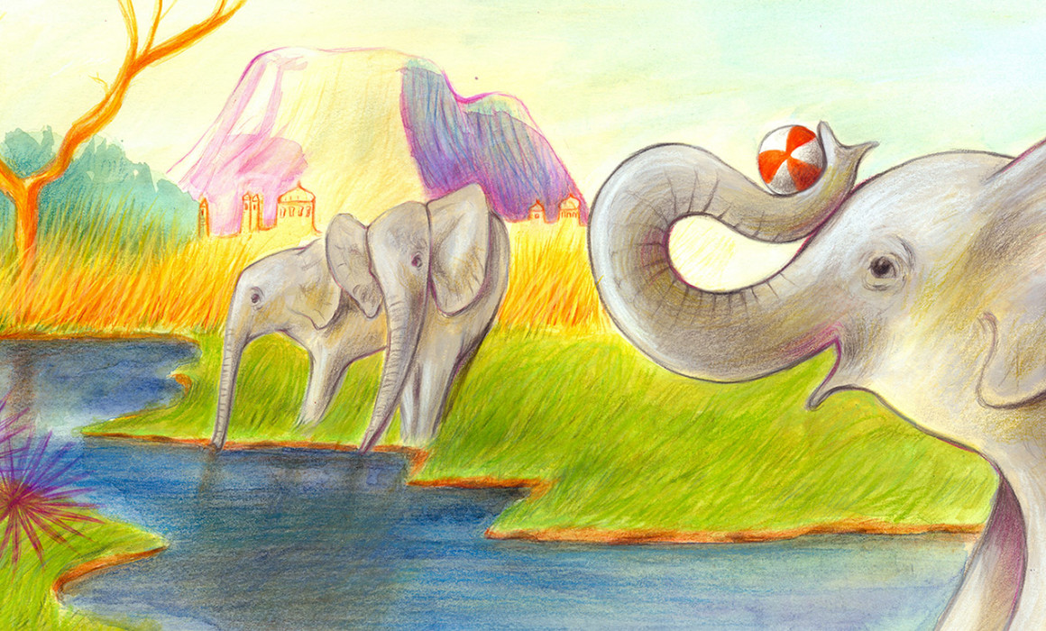 Illustration of elephants playing with a beach ball on the banks of an Indian river