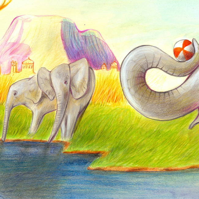 Illustration of elephants playing with a beach ball on the banks of an Indian river
