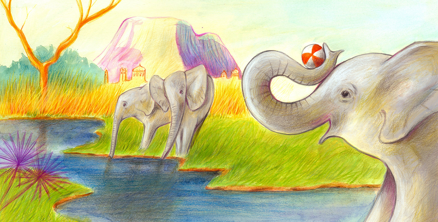 Illustration of elephants playing with a beach ball on the banks of an Indian river