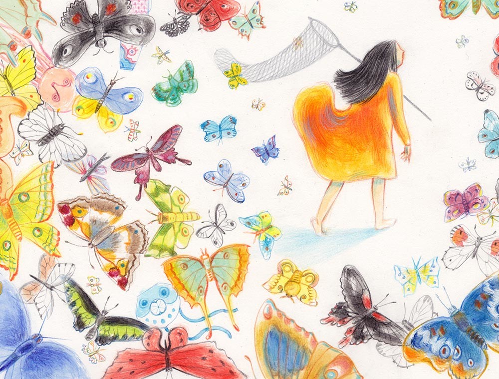 Illustration of a little girl chasing butterflies. Foreground full of butterflies flying away from her