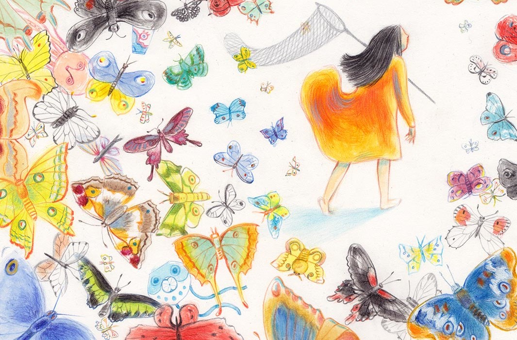 Illustration of a little girl chasing butterflies. Foreground full of butterflies flying away from her
