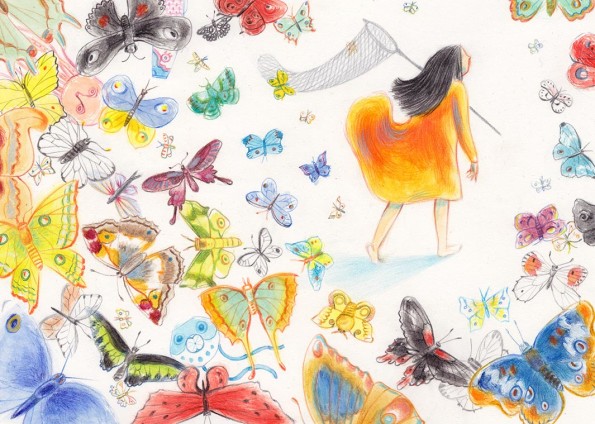 Illustration of a little girl chasing butterflies. Foreground full of butterflies flying away from her