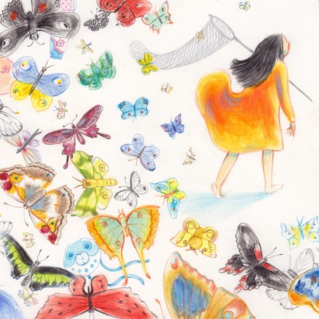 Illustration of a little girl chasing butterflies. Foreground full of butterflies flying away from her