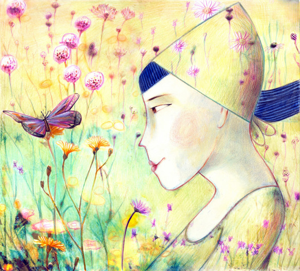 A girl is wearing a headband and a dress made of a fabric which is decorated with the same flowers as the background