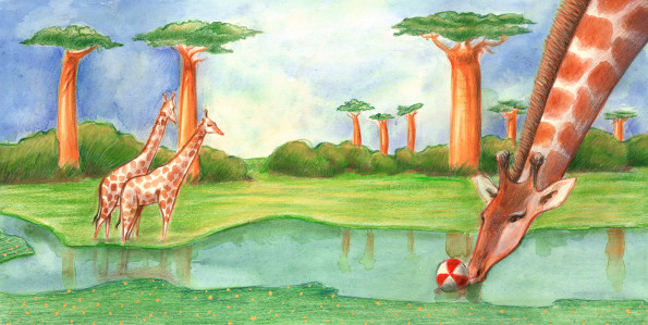 Illustration of a giraffe playing with a beach ball in an African landscape with baobabs landscape