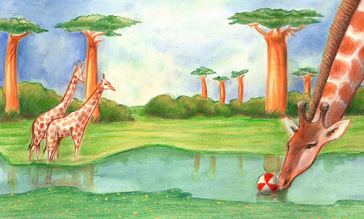 Illustration of a giraffe playing with a beach ball in an African landscape with baobabs landscape