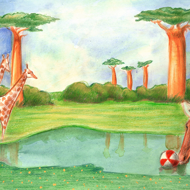 Illustration of a giraffe playing with a beach ball in an African landscape with baobabs landscape