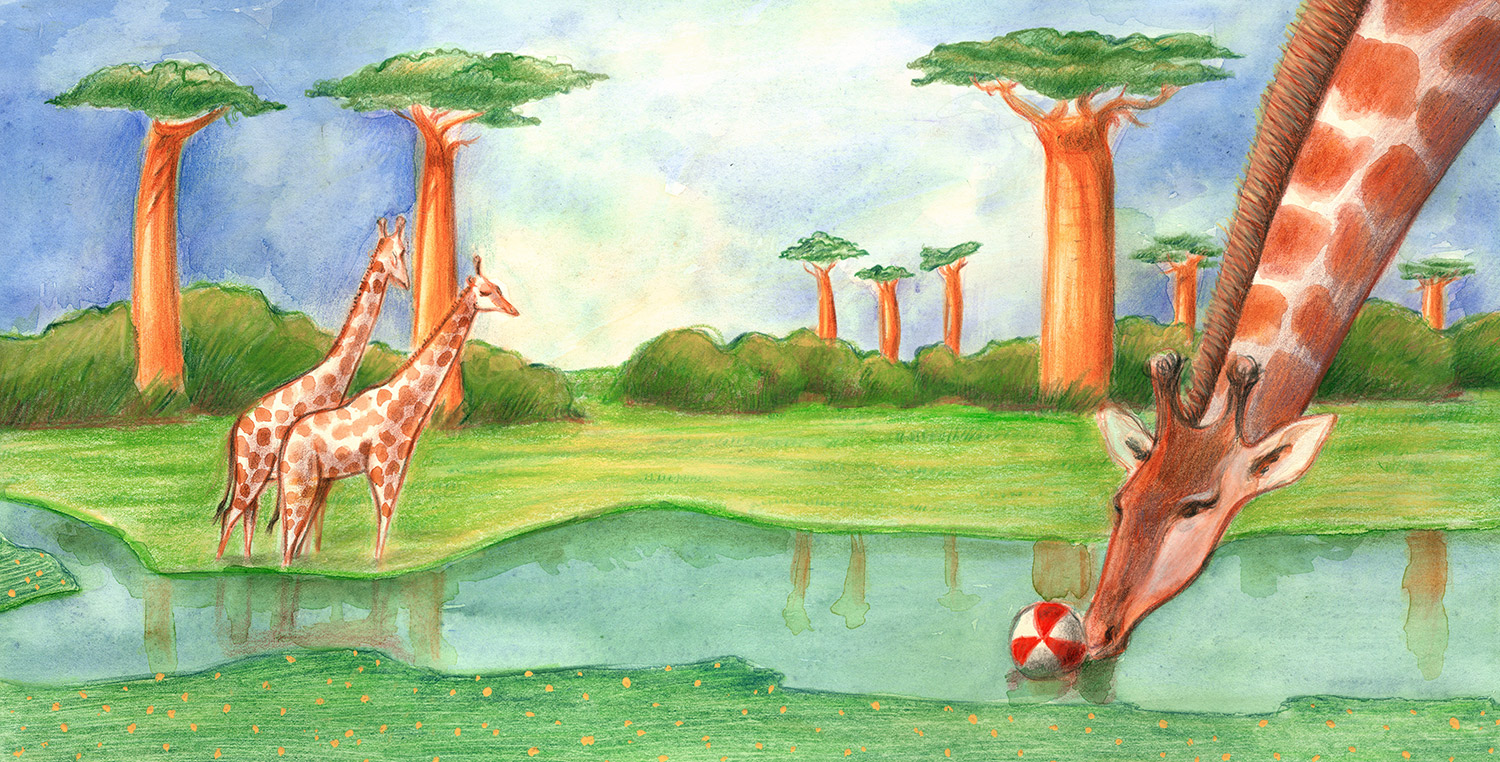 Illustration of a giraffe playing with a beach ball in an African landscape with baobabs landscape