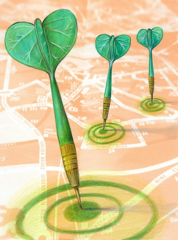 Illustration of green guerrilla darts, they are stucked on a map and have the tail shaped like a leaf