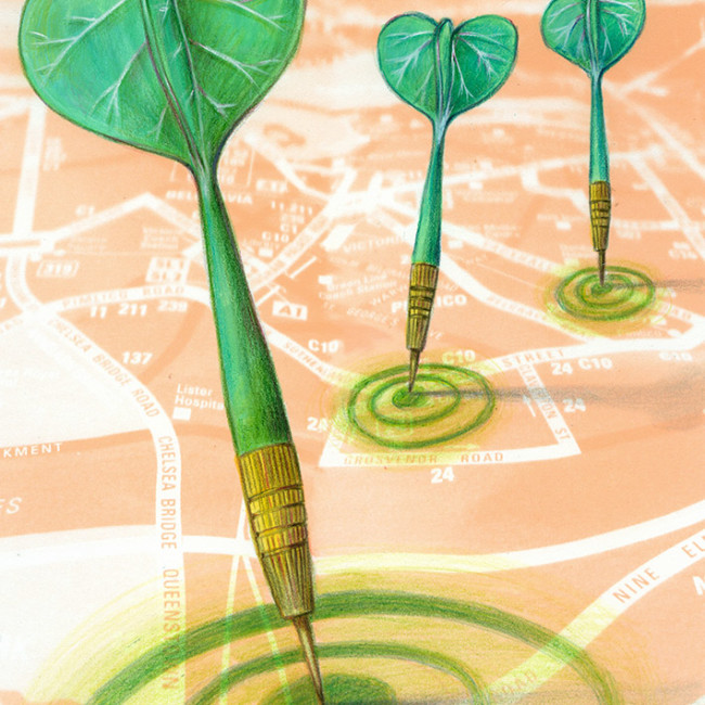 Illustration of green guerrilla darts, they are stucked on a map and have the tail shaped like a leaf