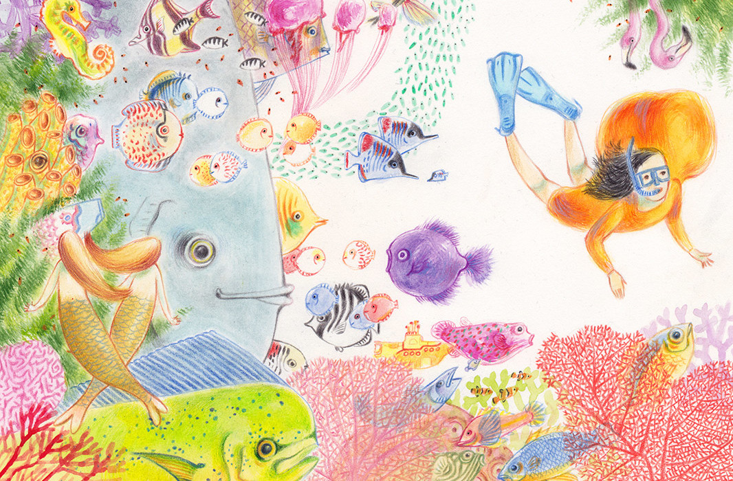 Illustration of a little girl scuba diving in the sea among many fish, corals and other creatures