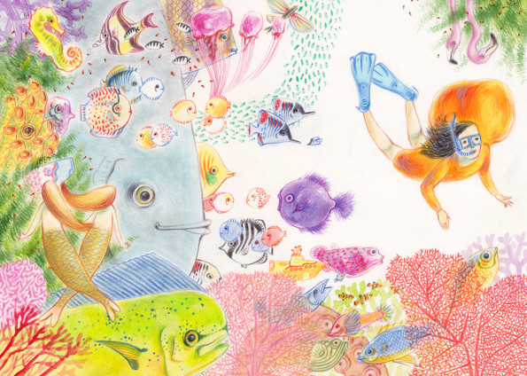 Illustration of a little girl scuba diving in the sea among many fish, corals and other creatures