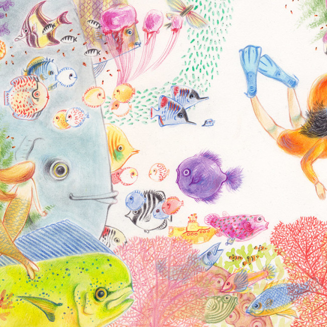 Illustration of a little girl scuba diving in the sea among many fish, corals and other creatures