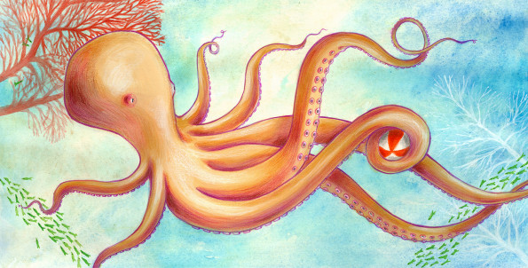 Illustration of a funny octopus playing with a beach ball