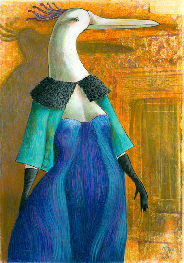 A lady bird with a haute couture evening dress