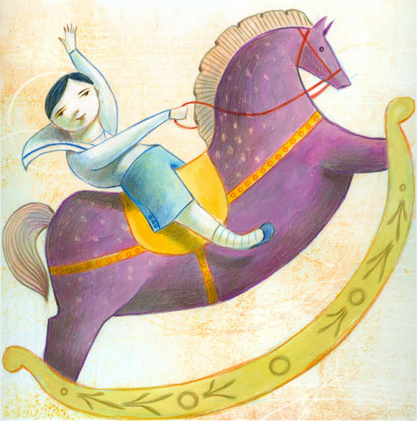 Illustration of a little boy riding a giant purple rocking horse