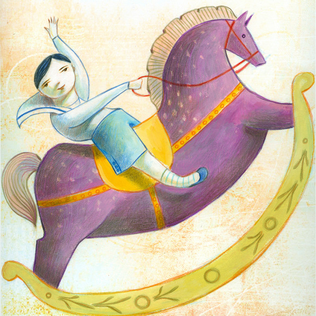 Illustration of a little boy riding a giant purple rocking horse