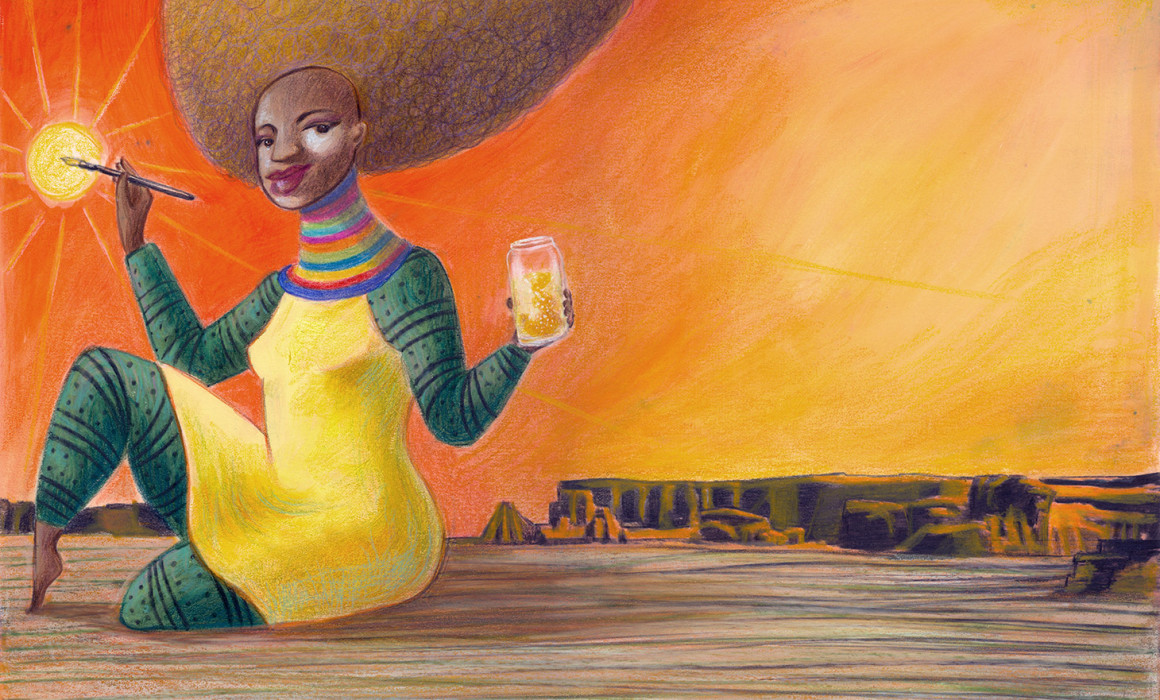 A black goddess is creating the sun with glittering yellow paint in a prehiistoric, arid and rocky world