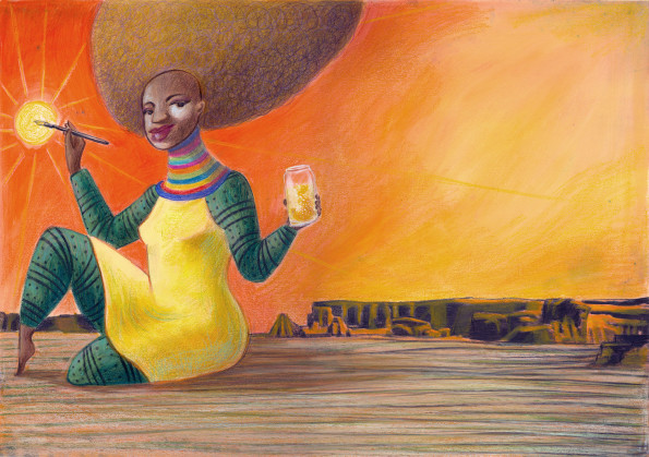 A black goddess is creating the sun with glittering yellow paint in a prehiistoric, arid and rocky world
