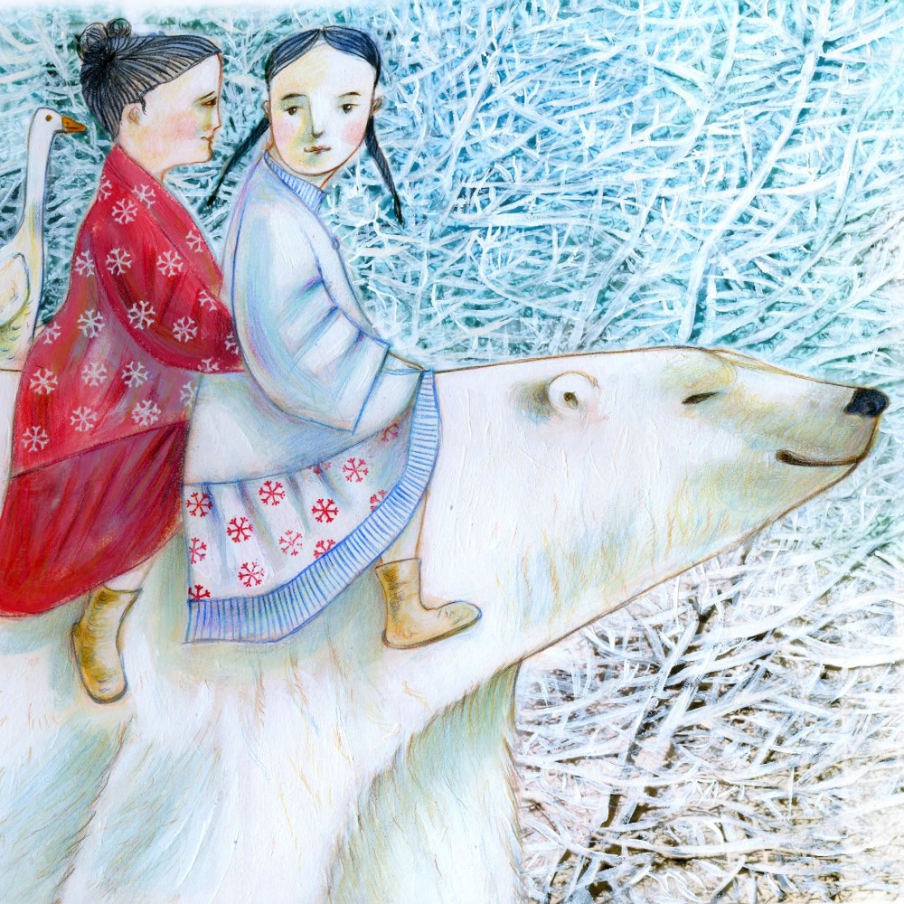 Two little girls, one dressed in white one in red, and a goose are starting a journey riding a big white bear. On the background a snowy forest