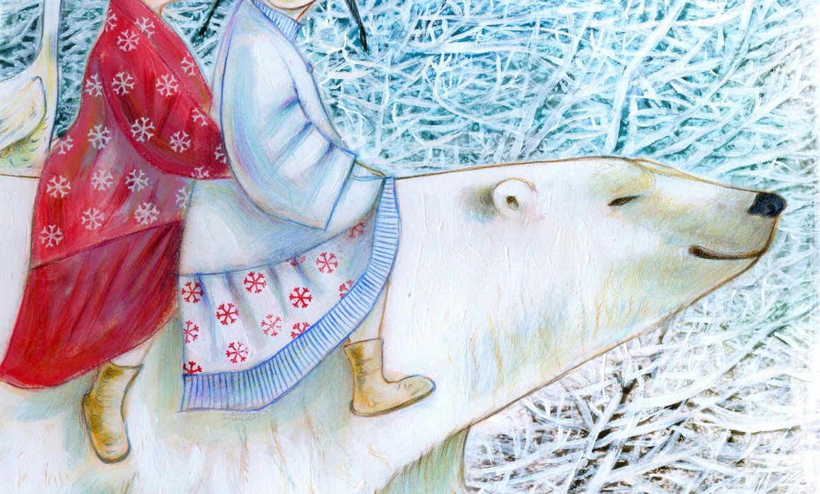 Two little girls, one dressed in white one in red, and a goose are starting a journey riding a big white bear. On the background a snowy forest