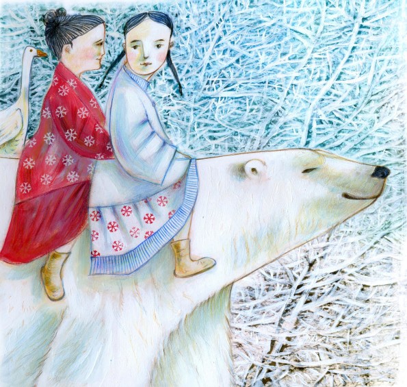 Two little girls, one dressed in white one in red, and a goose are starting a journey riding a big white bear. On the background a snowy forest