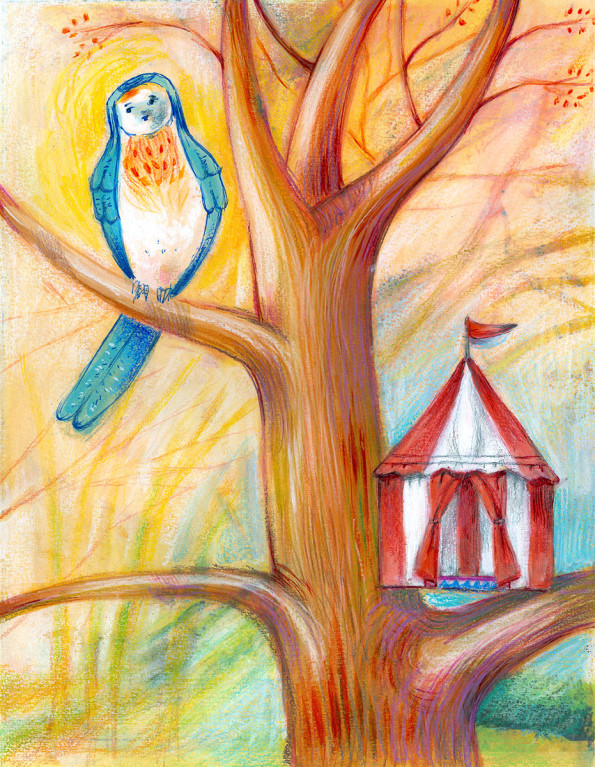 Illustration of a bird which has built the wrong house, it is a circus tent instead of a nest