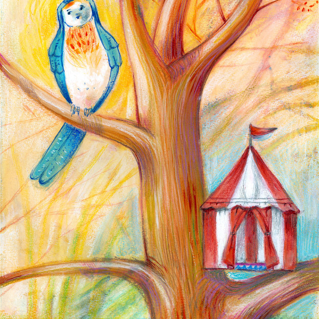 Illustration of a bird which has built the wrong house, it is a circus tent instead of a nest