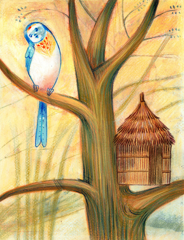 Illustration of a bird which has built the wrong house, it is a hut instead of a nest