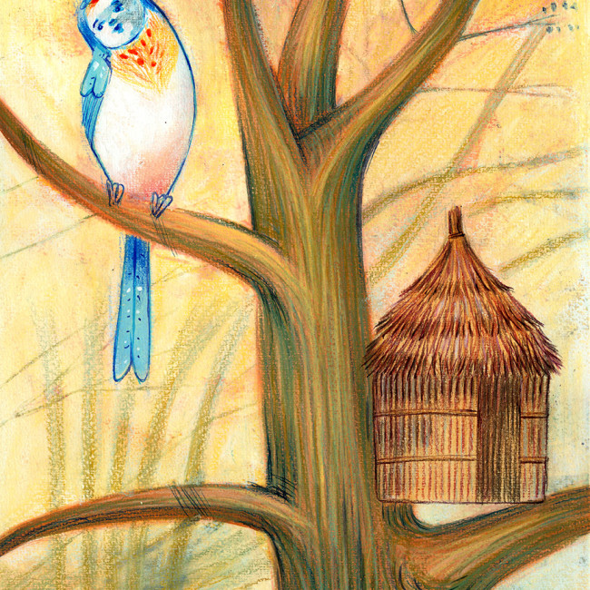 Illustration of a bird which has built the wrong house, it is a hut instead of a nest