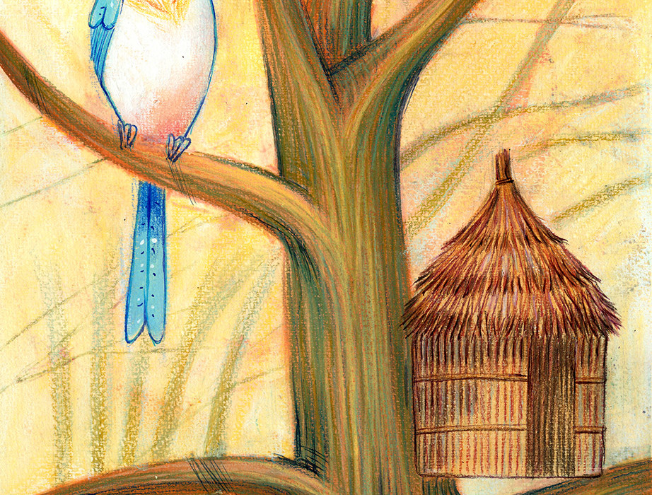 Illustration of a bird which has built the wrong house, it is a hut instead of a nest