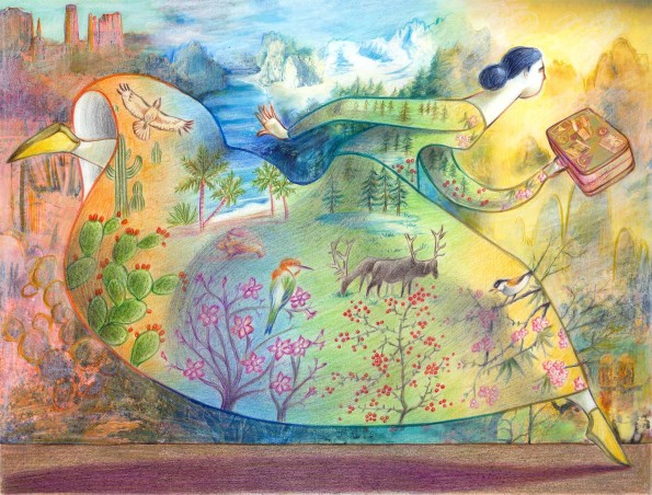 Illustration representing wanderlust: a woman runs away with a suitcase in hand. Her dress replicates and blends into the landscape which changes seamlessly from desert to tropical sea to the mountains to the Yellow Mountains